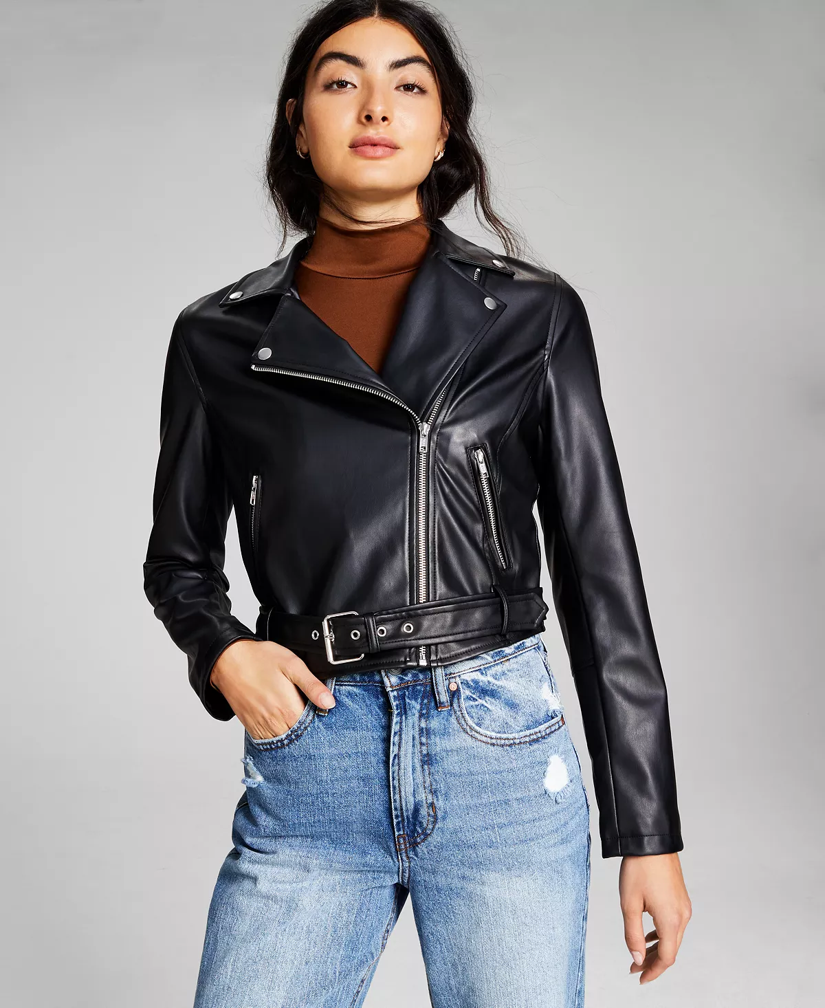 And Now This Women's Belted Faux-Leather Moto Jacket 4 And Now This Women's Belted Faux-Leather Moto Jacket - Image 4