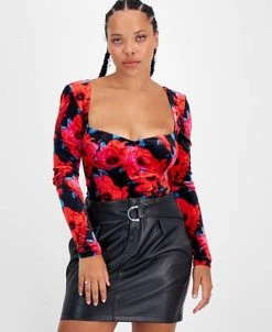 Bar III Women's Floral-Print Square-Neck Velvet Bodysuit, Created For Macy's -Anne Klein Sales Store 22600574 fpx