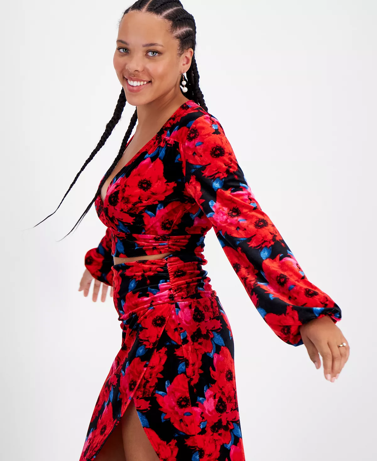 Bar III Women's Floral-Print Cropped Velvet Top, Created For Macy's 3 Bar III Women's Floral-Print Cropped Velvet Top, Created For Macy's - Image 3