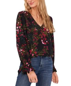 CeCe Women's Long Sleeve V-Neck Tie-Cuff Blouse