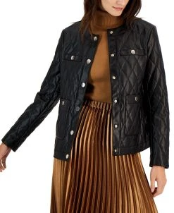 Anne Klein Women's Faux-Leather Quilted Snap Jacket