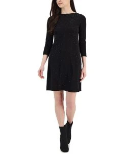 Anne Klein Women's Studded 3/4-Sleeve Fit & Flare Sweater Dress