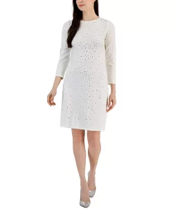 Anne Klein Women's Studded 3/4-Sleeve Fit & Flare Sweater Dress -Anne Klein Sales Store 22675933 fpx