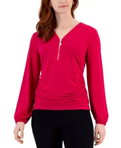 JM Collection Women's Zip-Front Ruched Top, Created For Macy's