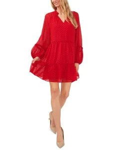 CeCe Women's Long Sleeve Tiered Clip-Dot Babydoll Dress