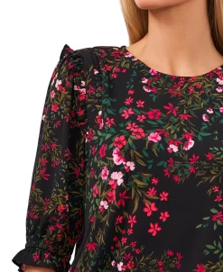 CeCe Women's Floral-Print 3/4-Sleeve Ruffle-Shoulder Top -Anne Klein Sales Store 22683898 fpx