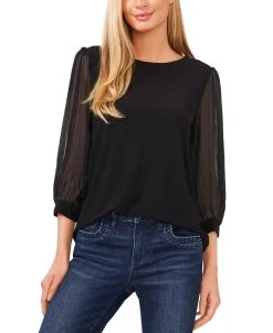 CeCe Women's Satin-Stripe Sleeve Mixed-Media Blouse