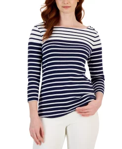 Charter Club Women's Striped Boat-Neck 3/4-Sleeve Top, Created For Macy's -Anne Klein Sales Store 22722818 fpx