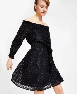 Bar III Women's Metallic Eyelash Off-The-Shoulder Dress, Created For Macy's -Anne Klein Sales Store 22723267 fpx