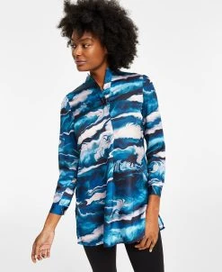 Anne Klein Women's Band-Collar Marble-Print Satin Tunic
