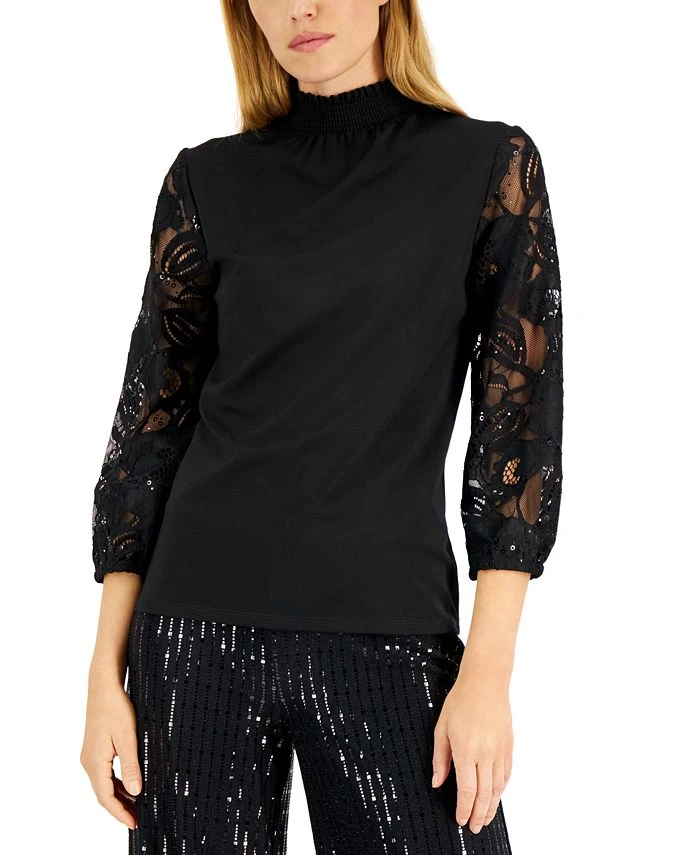 Anne Klein Women's Mixed-Media Lace-Sleeve Top 1 Anne Klein Women's Mixed-Media Lace-Sleeve Top