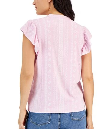 Style & Co Women's Printed Woven Flutter-Sleeve Tie-Neck Top, Created For Macy's 2 Style & Co Women's Printed Woven Flutter-Sleeve Tie-Neck Top, Created For Macy's - Image 2