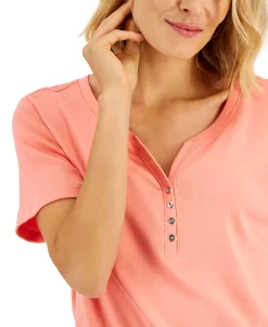 Karen Scott Hort Sleeve Henley Top, Created For Macy's -Anne Klein Sales Store 22739384 fpx
