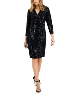 Anne Klein Women's Linear Shine Signature Wrap Midi Dress