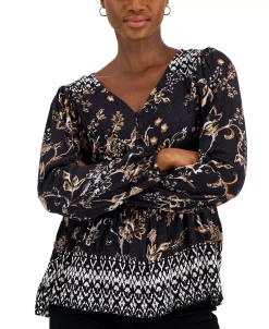 Style & Co Women's Printed V-Neck Peasant Top, Created For Macy's 6 Style & Co Women's Printed V-Neck Peasant Top, Created For Macy's -Anne Klein Sales Store 22759644 fpx