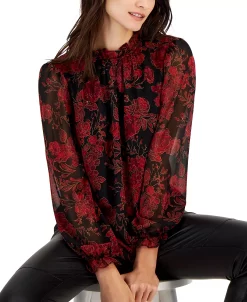 Anne Klein Women's Floral-Print Ruffled-Neck Blouse -Anne Klein Sales Store 22767381 fpx
