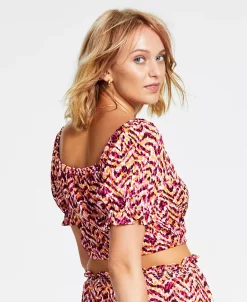 Bar III Women's Printed Square-Neck Short-Sleeve Crop Top, Created For Macy's -Anne Klein Sales Store 22771063 fpx