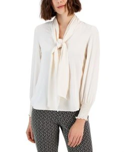 Anne Klein Women's Smocked-Cuff Tie-Neck Blouse