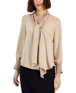 Anne Klein Women's Smocked-Cuff Tie-Neck Blouse -Anne Klein Sales Store 22778534 fpx