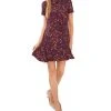 CeCe Women's Short Sleeve Printed Godet Dress With Bow Neck