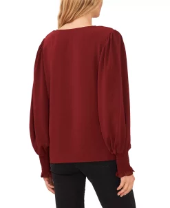 CeCe Women's Solid Smocked-Cuff V-Neck Charmeuse Blouse -Anne Klein Sales Store 22780274 fpx