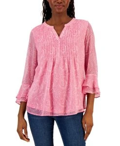 Charter Club Women's Printed Split-Neck Top, Created For Macy's