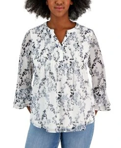 Charter Club Women's Printed Pintuck Top, Created For Macy's