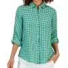 Charter Club Women's Linen Gingham Tab-Sleeve Shirt, Created For Macy's