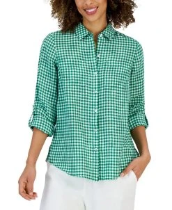 Charter Club Women's Linen Gingham Tab-Sleeve Shirt, Created For Macy's