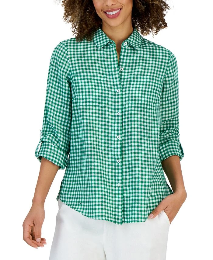 Charter Club Women's Linen Gingham Tab-Sleeve Shirt, Created For Macy's 1 Charter Club Women's Linen Gingham Tab-Sleeve Shirt, Created For Macy's
