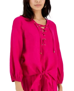 INC International Concepts Women's Lace-Up Tie-Hem Linen Blouse, Created For Macy's -Anne Klein Sales Store 22782963 fpx
