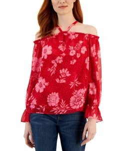 INC International Concepts Women's Floral Print Cold-Shoulder Blouse, Created For Macy's
