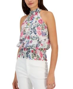 INC International Concepts Women's Printed Smocked Blouse, Created For Macy's
