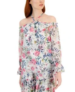 INC International Concepts Women's Floral Print Cold-Shoulder Blouse, Created For Macy's