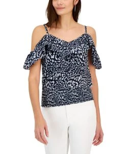 INC International Concepts Women's Printed Ruffled Cold-Shoulder Top, Created For Macy's