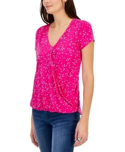 INC International Concepts Women's Printed Draped Surplice Top, Created For Macy's