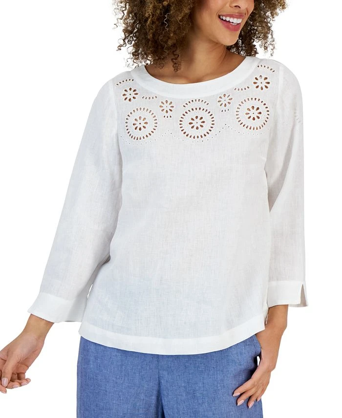 Charter Club Women's Linen Embroidered Top, Created For Macy's 1 Charter Club Women's Linen Embroidered Top, Created For Macy's