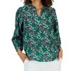 Charter Club Women's Linen Printed Split-Neck Top, Created For Macy's