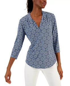 Charter Club Women's Printed 3/4-Sleeve V-Neck Top, Created For Macy's -Anne Klein Sales Store 22793207 fpx