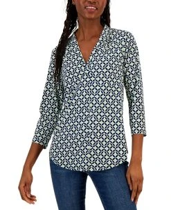 Charter Club Women's Printed 3/4-Sleeve V-Neck Top, Created For Macy's