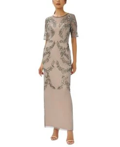 Papell Studio Women's Beaded-Mesh Short-Sleeve Gown