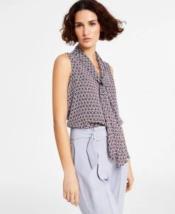 Bar III Women's Geo Print Sleeveless Bow-Tie Blouse