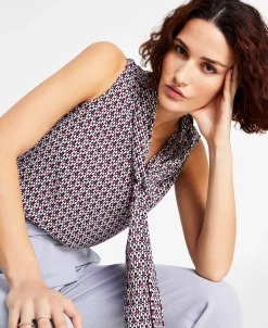 Bar III Women's Geo Print Sleeveless Bow-Tie Blouse -Anne Klein Sales Store 22803143 fpx