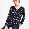 Bar III Women's Floral V-Neck Long-Sleeve Top, Created For Macy's