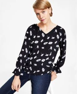 Bar III Women's Floral V-Neck Long-Sleeve Top, Created For Macy's