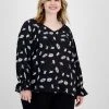 Bar III Plus Size Floral Print Cinched Sleeve Top, Created For Macy's