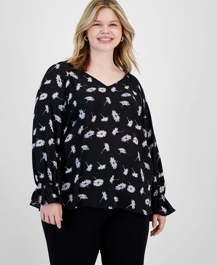 Bar III Plus Size Floral Print Cinched Sleeve Top, Created For Macy's 1 Bar III Plus Size Floral Print Cinched Sleeve Top, Created For Macy's