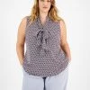 Bar III Plus Size Geo Print Sleeveless Bow-Tie Blouse