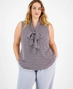 Bar III Plus Size Geo Print Sleeveless Bow-Tie Blouse