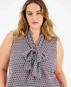 Bar III Plus Size Geo Print Sleeveless Bow-Tie Blouse -Anne Klein Sales Store 22803318 fpx